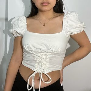 New Fashion Nova White Corset Short Sleeve Top Size: Small